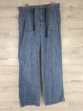 Eddie Bauer Women’s Size 6 Denim Utility Wide‑Leg Jeans Blue Drawstring Pockets.